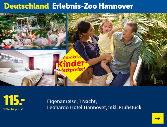 Deutschland Erlebnis-Zoo Hannover. Angeboten wird eine Eigenanreise für 1 Nacht im Leonardo Hotel Hannover, inkl. Frühstück. Ab 115,- € pro Person für 1 Nacht. Attraktive Kinderfestpreise! Jetzt buchen.