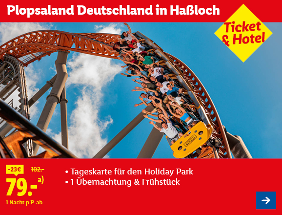 Plopsaland Deutschland in Haßloch. Angeboten wird 1 Tageskarte für den Holiday Park & 1 Übernachtung & Frühstück. Ab 79,- € pro Person für 1 Nacht (statt 102,- €, 23,- € gespart). Ticket & Hotel. Jetzt buchen.