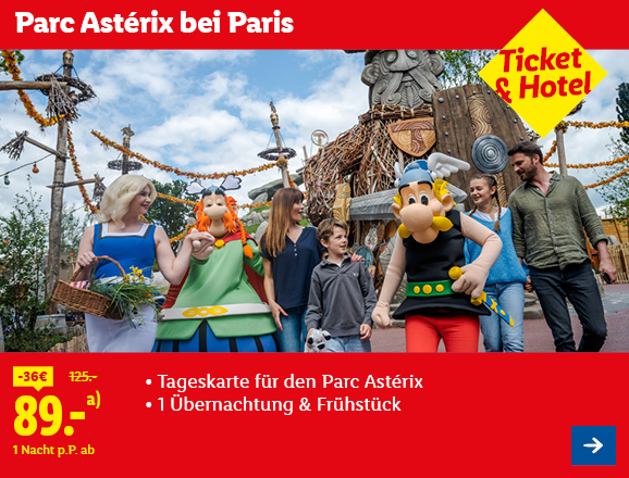 Parc Astérix bei Paris. Angeboten wird 1 Tageskarte für den Parc Astérix & 1 Übernachtung & Frühstück. Ab 89,- € pro Person für 1 Nacht (statt 125,- €, 36,- € gespart). Ticket & Hotel. Jetzt buchen.