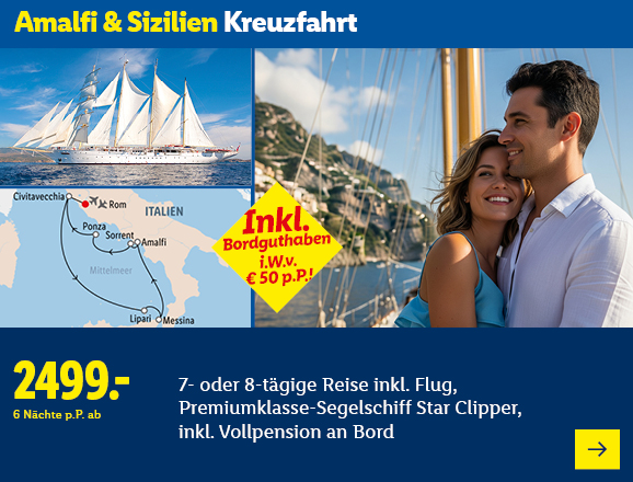 Amalfi & Sizilien Kreuzfahrt. Angeboten wird eine 7- oder 8-tägige Reise inkl. Flug, Premiumklasse-Segelschiff Star Clipper, inkl. Vollpension an Bord. Ab 2499,- € pro Person für 6 Nächte. Inkl. Bordguthaben i.W.v. € 50 p.P.! Jetzt buchen.