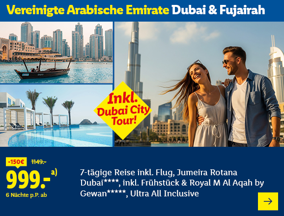 Vereinigte Arabische Emirate Dubai & Fujairah. Angeboten wird eine 7-tägige Reise inkl. Flug, Jumeira Rotana Dubai*****, inkl. Frühstück & Royal M Al Aqah by Gewan*****, Ultra All Inclusive. Ab 999,- € pro Person für 6 Nächte (statt 1149,- €, 150,- € gespart). Inkl. Dubai City Tour! Jetzt buchen.