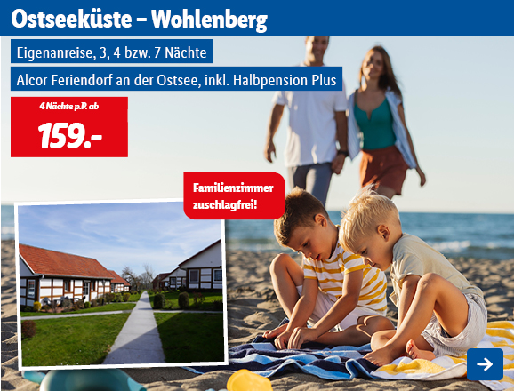 Ostseeküste in Wohlenberg. Angeboten wird eine Eigenanreise für 3, 4 oder 7 Nächte im Alcor Feriendorf an der Ostsee, inklusive Halbpension Plus. Ab 159,- € pro Person für 4 Nächte. Familienzimmer sind zuschlagfrei.Jetzt buchen.