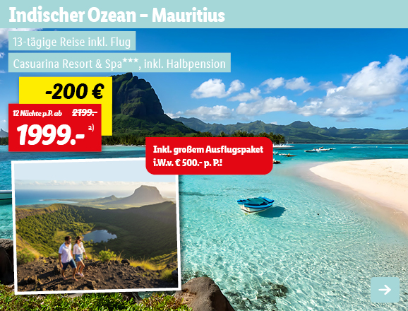 Mauritius - Standort-Rundreise, 12 Nächte p.P. ab 1999€