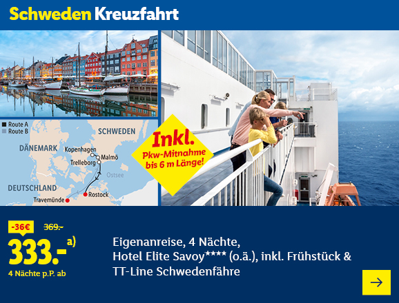 Schweden Kreuzfahrt. Angeboten wird eine Eigenanreise für 4 Nächte im Hotel Elite Savoy**** (o.ä.), inkl. Frühstück & TT-Line Schwedenfähre. Ab 333,- € pro Person für 4 Nächte (statt 369,- €, 36,- € gespart). Inkl. Pkw-Mitnahme bis 6 m Länge! Jetzt buchen.
