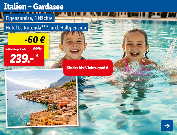 Urlaub am Gardasee in Italien. Angeboten wird eine Eigenanreise für 5 Nächte im Hotel La Rotonda*** inklusive Halbpension. Der Preis beträgt ab 239,- € pro Person für 5 Nächte, statt 299,- €, wodurch 60,- € gespart werden. Kinder bis 6 Jahre sind kostenlos. Jetzt buchen.