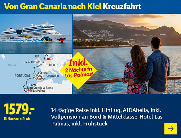 Von Gran Canaria nach Kiel Kreuzfahrt. Angeboten wird eine Eigenanreise für 13 Nächte inkl. Hinflug, AIDAbella, inkl. Vollpension an Bord & Mittelklasse-Hotel Las Palmas, inkl. Frühstück. Ab 1579,- € pro Person für 13 Nächte. Inkl. 2 Nächte in Las Palmas! Jetzt buchen.