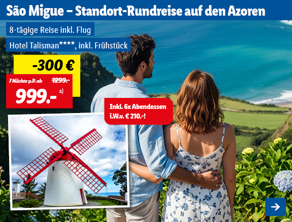 Mit Lidl Reisen in das Talisman auf den Azoren, vier Sterne mit Frühstück für 8 Tage. 7 Nächte ab 999€ pro Person, anstatt 1299€. Somit ergibt sich eine Ersparnis von 300€. Inkl. Flug zum Hotel in São Miguel. Inkl. 6x Abendessen i.W.v. € 210.-!Linkziel des Bildes ist die Buchungsseite des Produkts.