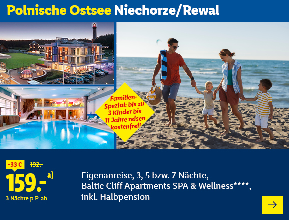 Polnische Ostsee Niechorze/Rewal. Angeboten wird eine Eigenanreise für 3, 5 bzw. 7 Nächte im Baltic Cliff Apartments SPA & Wellness****, inkl. Halbpension. Ab 159,- € pro Person für 3 Nächte (statt 192,- €, 33,- € gespart). Familien-Spezial: bis zu 3 Kinder bis 11 Jahre reisen kostenfrei! Jetzt buchen.