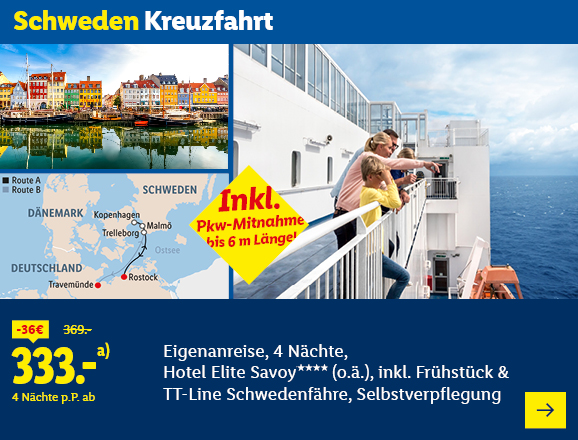 Schweden Kreuzfahrt. Angeboten wird eine Eigenanreise für 4 Nächte im Hotel Elite Savoy**** (o.ä.), inkl. Frühstück & TT-Line Schwedenfähre, Selbstverpflegung. Ab 333,- € pro Person für 4 Nächte (statt 369,- €, 36,- € gespart). Zwei Kinder bis 9 Jahre frei! Jetzt buchen.