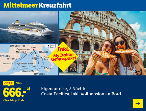 Mittelmeer Kreuzfahrt. Angeboten wird eine Eigenanreise für 7 Nächte auf der Costa Pacifica, inkl. Vollpension an Bord. Ab 666,- € pro Person für 7 Nächte (statt 799,- €, 133,- € gespart). Inklusive My Italian Genusspaket! Jetzt buchen.