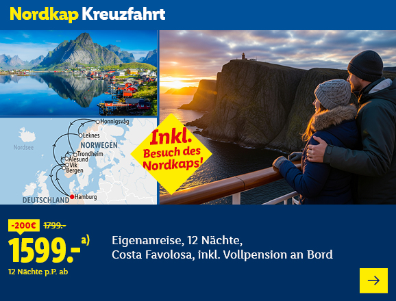 Nordkap Kreuzfahrt. Angeboten wird eine Eigenanreise für 12 Nächte auf der Costa Favolosa, inkl. Vollpension an Bord. Ab 1599,- € pro Person für 12 Nächte (statt 1799,- €, 200,- € gespart). Inkl. Besuch des Nordkaps! Jetzt buchen.