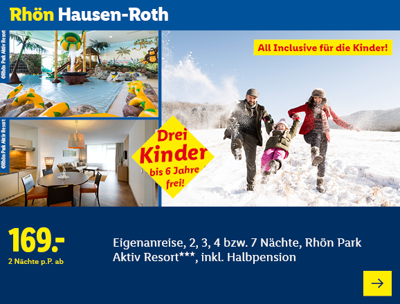 Rhön Hausen-Roth. Angeboten wird eine Eigenanreise für 2, 3, 4 bzw. 7 Nächte im Rhön Park Aktiv Resort***, inkl. Halbpension. Ab 169,- € pro Person für 2 Nächte. Drei Kinder bis 6 Jahre frei! All Inclusive für die Kinder! Jetzt buchen.