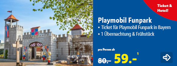 Ticket & Hotel: Playmobil Funpark in Bayern, p.P. ab 59€ anstatt 80€. Somit ergibt sich eine Ersparnis von 21€. Jetzt buchen