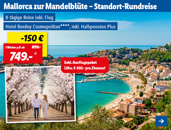 Mit Lidl Reisen in das Hotel Bordoy Cosmopolitan in Mallorca, vier Sterne mit Halbpension Plus für 7 Nächte. 7 Nächte ab 749€ pro Person, anstatt 899€. Somit ergibt sich eine Ersparnis von 150€. Inkl. Flug zum Hotel auf Mallorca. Inkl. Ausflugspaket i.W.v. € 450.- pro Zimmer! Linkziel des Bildes ist die Buchungsseite des Produkts.