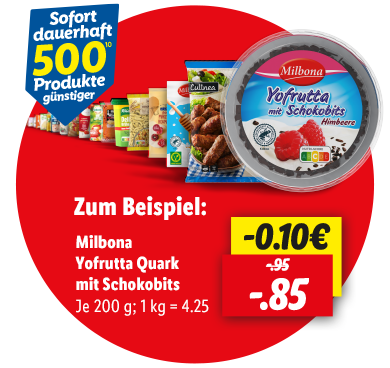 Milbona Yofrutta Quark mit Schokobits Je 200 g für 0.85€; 1 kg = 4.25