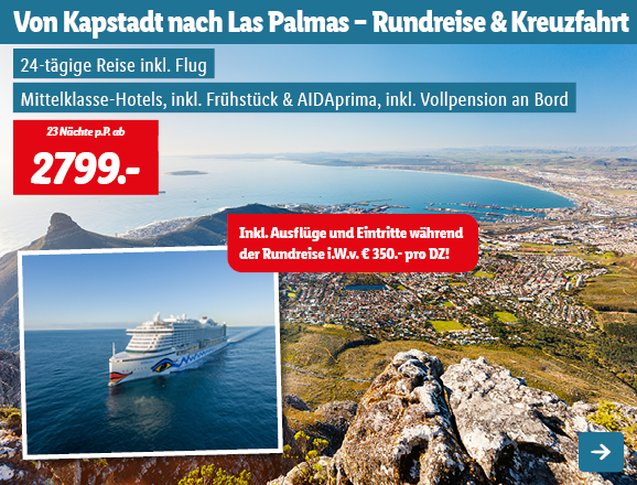 Von Kapstadt nach Las Palmas, 23 Nächte p.P. ab 2799€