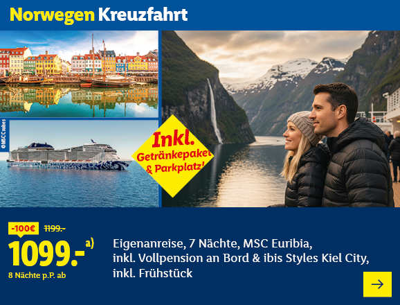 Norwegen Kreuzfahrt. Angeboten wird eine Eigenanreise für 7 Nächte auf der MSC Euribia, inkl. Vollpension an Bord & ibis Styles Kiel City, inkl. Frühstück. Ab 1099,- € pro Person für 8 Nächte (statt 1199,- €, 100,- € gespart). Inkl. Getränkepaket & Parkplatz! Jetzt buchen.