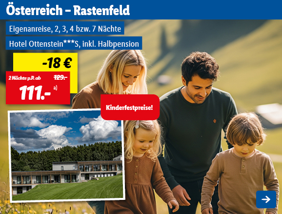 Mit Lidl Reisen in das Familienhotel Hotel Ottenstein in Österreich, drei Sterne S mit Halbpension für 2, 3, 4 oder 7 Nächte. 2 Nächte ab 111€ pro Person, anstatt 129€. Somit ergibt sich eine Ersparnis von 18€. Kinderfestpreise! Eigene Anreise zum Hotel in Rastenfeld.Linkziel des Bildes ist die Buchungsseite des Produkts