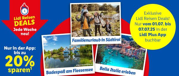 Lidl Reisen Deals, jede Woche neu. Nur in der App bis zu 20% sparen. Exklusiv vom 1. Juli bis 7. Juli: Familienurlaub in Südtirol, Badespaß am Fleesensee, Bella Italia erleben. Lidl Plus App öffnen oder herunterladen.