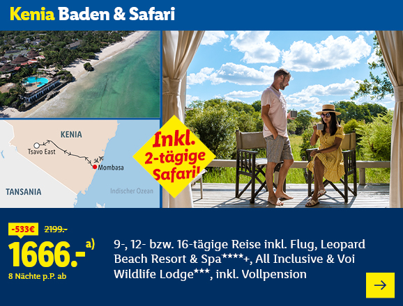 Kenia Baden & Safari. Angeboten wird eine 9-, 12- bzw. 16-tägige Reise inkl. Flug, Leopard Beach Resort & Spa*****, All Inclusive & Voi Wildlife Lodge***, inkl. Vollpension. Ab 1666,- € pro Person für 8 Nächte (statt 2199,- €, 533,- € gespart). Inkl. 2-tägige Safari! Jetzt buchen.
