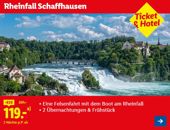 Rheinfall Schaffhausen. Angeboten wird eine Felsenfahrt mit dem Boot am Rheinfall & 2 Übernachtungen & Frühstück. Ab 119,- € pro Person für 2 Nächte (statt 201,- €, 82,- € gespart). Ticket & Hotel. Jetzt buchen.