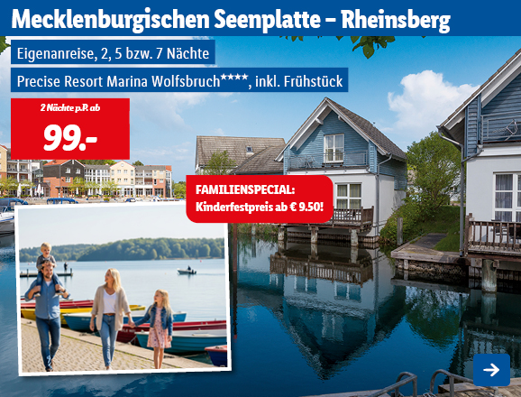 Mit Lidl Reisen in das Familienhotel Precise Resort Marina Wolfsbruch, vier Sterne mit Frühstück für 2, 5 oder 7 Nächte. 2 Nächte ab € pro Person. Kinderfestpreis ab 9,50€. Eigene Anreise zum Hotel in Rheinsberg.