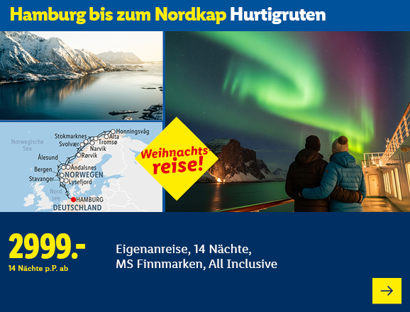 Hamburg bis zum Nordkap Hurtigruten. Angeboten wird eine Eigenanreise für 14 Nächte auf der MS Finnmarken, All Inclusive. Ab 2999,- € pro Person für 14 Nächte. Weihnachtsreise! Jetzt buchen.