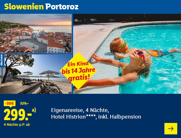 Slowenien Portoroz. Angeboten wird eine Eigenanreise für 2, 3 bzw. 4 Nächte im Hotel Histrion****, inkl. Halbpension. Ab 299,- € pro Person für 4 Nächte (statt 329,- €, 30,- € gespart). Ein Kind bis 14 Jahre frei! Jetzt buchen.