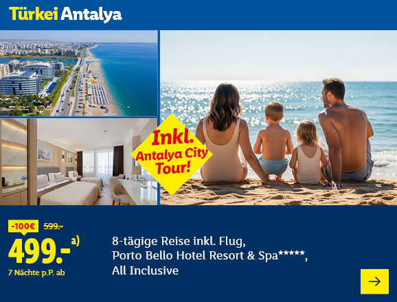 Türkei Antalya. Angeboten wird eine 8-tägige Reise inkl. Flug, Porto Bello Hotel Resort & Spa*****, All Inclusive. Ab 499,- € pro Person für 7 Nächte (statt 599,- €, 100,- € gespart). Inkl. Antalya City Tour! Jetzt buchen.
