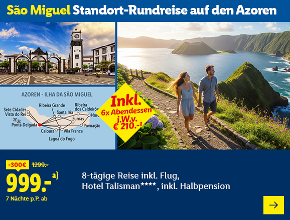 São Miguel Standort-Rundreise auf den Azoren. Angeboten wird eine 8-tägige Reise inkl. Flug, Hotel Talisman****, inkl. Halbpension. Ab 999,- € pro Person für 7 Nächte (statt 1299,- €, 300,- € gespart). Inkl. 6x Abendessen i.W.v. € 210,-! Jetzt buchen.