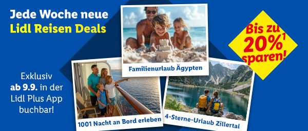 Lidl Reisen Deals, jede Woche neu. Nur in der App bis zu 20% sparen. Exklusiv ab 9.9.: Familienurlaub Ägypten, 1001 Nacht an Bord erleben, 4-Sterne-Urlaub-Zillertal. Lidl Plus App öffnen oder herunterladen.