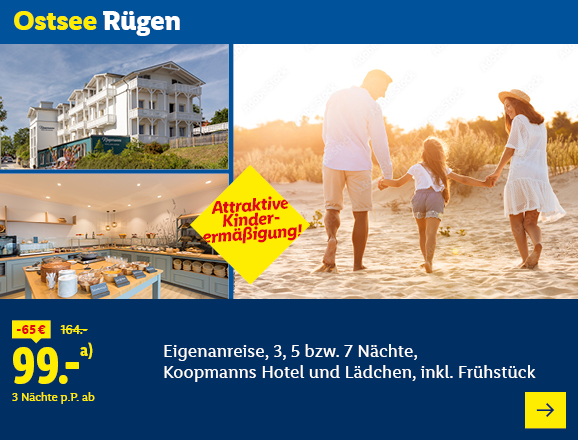 Ostsee Rügen. Angeboten wird eine Eigenanreise für 3, 5 bzw. 7 Nächte im Koopmanns Hotel und Lädchen, inkl. Frühstück. Ab 99,- € pro Person für 3 Nächte (statt 164,- €, 65,- € gespart). Attraktive Kinderermäßigung! Jetzt buchen.