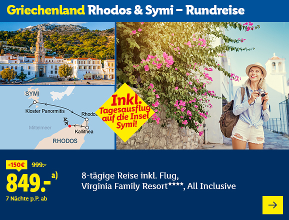 Griechenland Rhodos & Symi – Rundreise. Angeboten wird eine 8-tägige Reise inkl. Flug, Virginia Family Resort****, All Inclusive. Ab 849,- € pro Person für 7 Nächte (statt 999,- €, 150,- € gespart). Inkl. Tagesausflug auf die Insel Symi! Jetzt buchen.