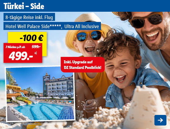 Mit Lidl Reisen in die Türkei nach Side, inkl. Flug und Ultra All Inclusive im fünf Sterne Hotel Well Palace Side. 7 Nächte ab 499€ pro Person, anstatt 599€. Somit ergibt sich eine Ersparnis von 100€. Inklusive Upgrade auf DZ Standard Poolblick! Linkziel des Bildes ist die Buchungsseite des Produkts.