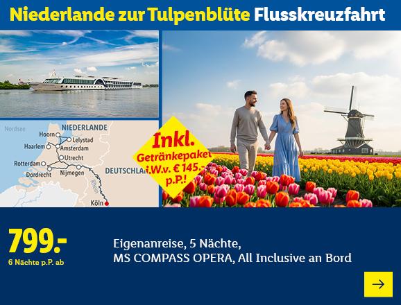 Niederlande zur Tulpenblüte Flusskreuzfahrt. Angeboten wird eine Eigenanreise für 5 Nächte auf der MS COMPASS OPERA, All Inclusive an Bord. Ab 799,- € pro Person für 6 Nächte. Inkl. Getränkepaket i.W.v. € 145,- p.P.! Jetzt buchen.