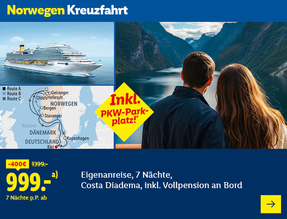 Norwegen Kreuzfahrt. Angeboten wird eine 8-tägige Reise mit der Costa Diadema, inkl. Vollpension an Bord. Ab 999,- € pro Person für 7 Nächte (statt 1399,- €, 400,- € gespart). Inkl. PKW-Parkplatz! Jetzt buchen.