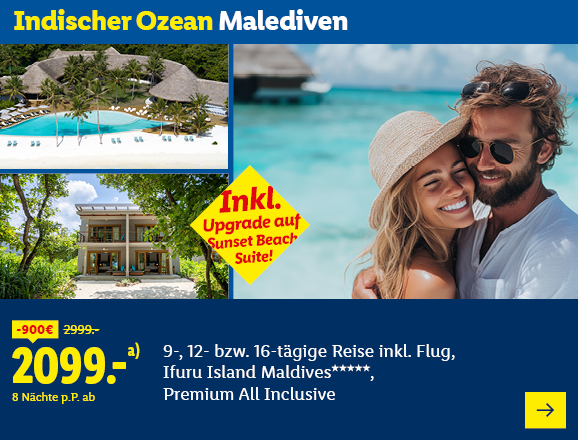 Indischer Ozean Malediven. Angeboten wird eine 9-, 12- bzw. 16-tägige Reise inkl. Flug, Ifuru Island Maldives*****, Premium All Inclusive. Ab 2099,- € pro Person für 8 Nächte (statt 2999,- €, 900,- € gespart). Inkl. Upgrade auf Sunset Beach Suite! Jetzt buchen.