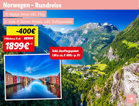 Norwegen – Rundreise, 9 Nächte p.P. ab 1949€