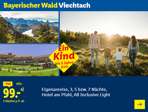 Bayerischer Wald Viechtach. Angeboten wird eine Eigenanreise für 3, 5 bzw. 7 Nächte im Hotel am Pfahl, All Inclusive Light. Ab 99,- € pro Person für 3 Nächte (statt 177,- €, 78,- € gespart). Ein Kind bis 5 Jahre frei! Jetzt buchen.