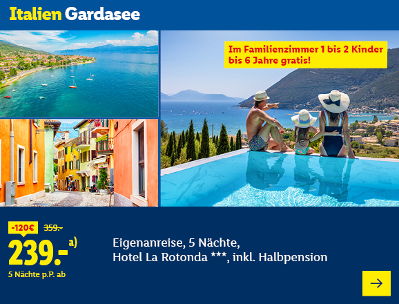 Italien Gardasee. Angeboten wird eine Eigenanreise für 5 Nächte im Hotel La Rotonda***, inkl. Halbpension. Ab 239,- € pro Person für 5 Nächte (statt 359,- €, 120,- € gespart). Im Familienzimmer bis zu Zwei Kinder bis 6 Jahre frei! Jetzt buchen.