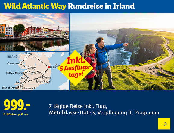 Wild Atlantic Way Rundreise in Irland. Angeboten wird eine 7-tägige Reise inkl. Flug, Mittelklasse-Hotels, Verpflegung lt. Programm. Ab 999,- € pro Person für 6 Nächte. Inkl. 5 Ausflugstage! Jetzt buchen.