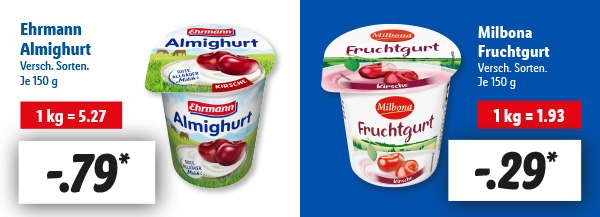 Du hat die Wahl. Ehrmann Almighurt oder Milbona Fruchtgurt