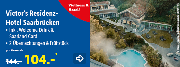 Wellness & Hotel: Victor's Residenz-Hotel Saarbrücken, p.P. ab 104€ anstatt 144€. Somit ergibt sich eine Ersparnis von 40€. Jetzt buchen