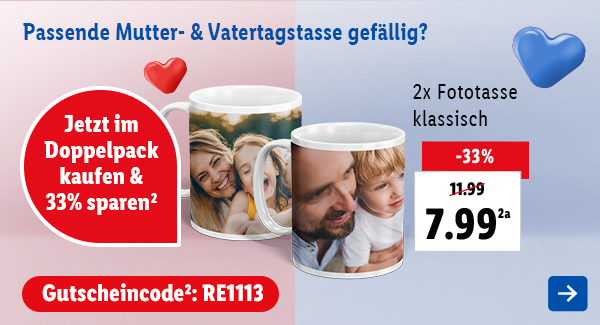 Im Doppelpack günstig: Die klassische Fototasse zum Mutter- und Vatertag
