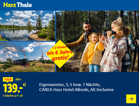 Harz Thale. Angeboten wird eine Eigenanreise für 3, 5 bzw. 7 Nächte im CAREA Harz Hotel Allrode, All Inclusive. Ab 139,- € pro Person für 3 Nächte (statt 261,- €, 122,- € gespart). 1-2 Kinder bis 6 Jahre gratis! Jetzt buchen.