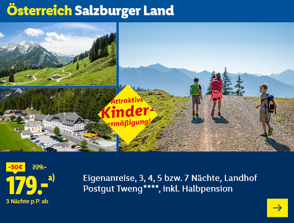 Österreich Salzburger Land. Angeboten wird eine Eigenanreise für 3, 4, 5 bzw. 7 Nächte im Landhof Postgut Tweng****, inkl. Halbpension. Ab 179,- € pro Person für 3 Nächte (statt 229,- €, 50,- € gespart). Attraktive Kinderermäßigung! Jetzt buchen.