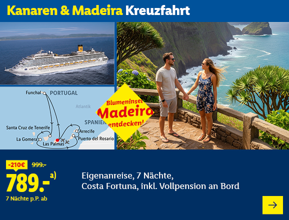 Kanaren & Madeira Kreuzfahrt. Angeboten wird eine Eigenanreise für 7 Nächte auf der Costa Fortuna, inkl. Vollpension an Bord. Ab 789,- € pro Person für 7 Nächte (statt 999,- €, 210,- € gespart). Blumeninsel Madeira entdecken! Jetzt buchen.