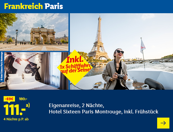 Frankreich Paris. Angeboten wird eine Eigenanreise für 2 Nächte im Hotel Sixteen Paris Montrouge, inkl. Frühstück. Ab 111,- € pro Person für 4 Nächte (statt 180,- €, 69,- € gespart). Inkl. 1x Schifffahrt auf der Seine (Dauer ca. 1 Std.)! Jetzt buchen.