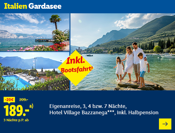 Italien Gardasee. Angeboten wird eine Eigenanreise für 3, 4 bzw. 7 Nächte im Hotel Village Bazzanega***, inkl. Halbpension. Ab 189,- € pro Person für 3 Nächte (statt 209,- €, 20,- € gespart). Inkl. Bootsfahrt! Jetzt buchen.