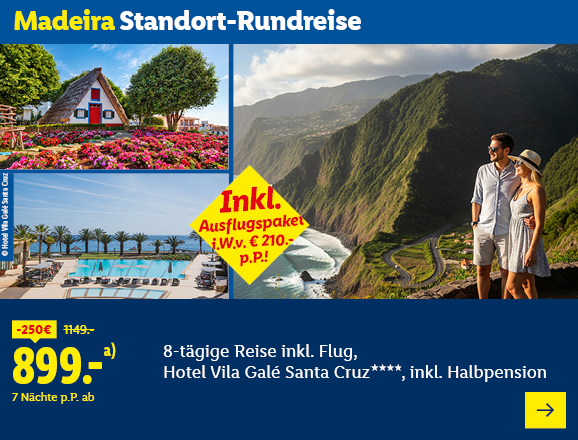 Madeira Standort-Rundreise. Angeboten wird eine 8-tägige Reise inkl. Flug, Hotel Vila Galé Santa Cruz****, inkl. Halbpension. Ab 899,- € pro Person für 7 Nächte (statt 1149,- €, 250,- € gespart). Inkl. Ausflugspaket i.W.v. € 210,- p.P.! Jetzt buchen.